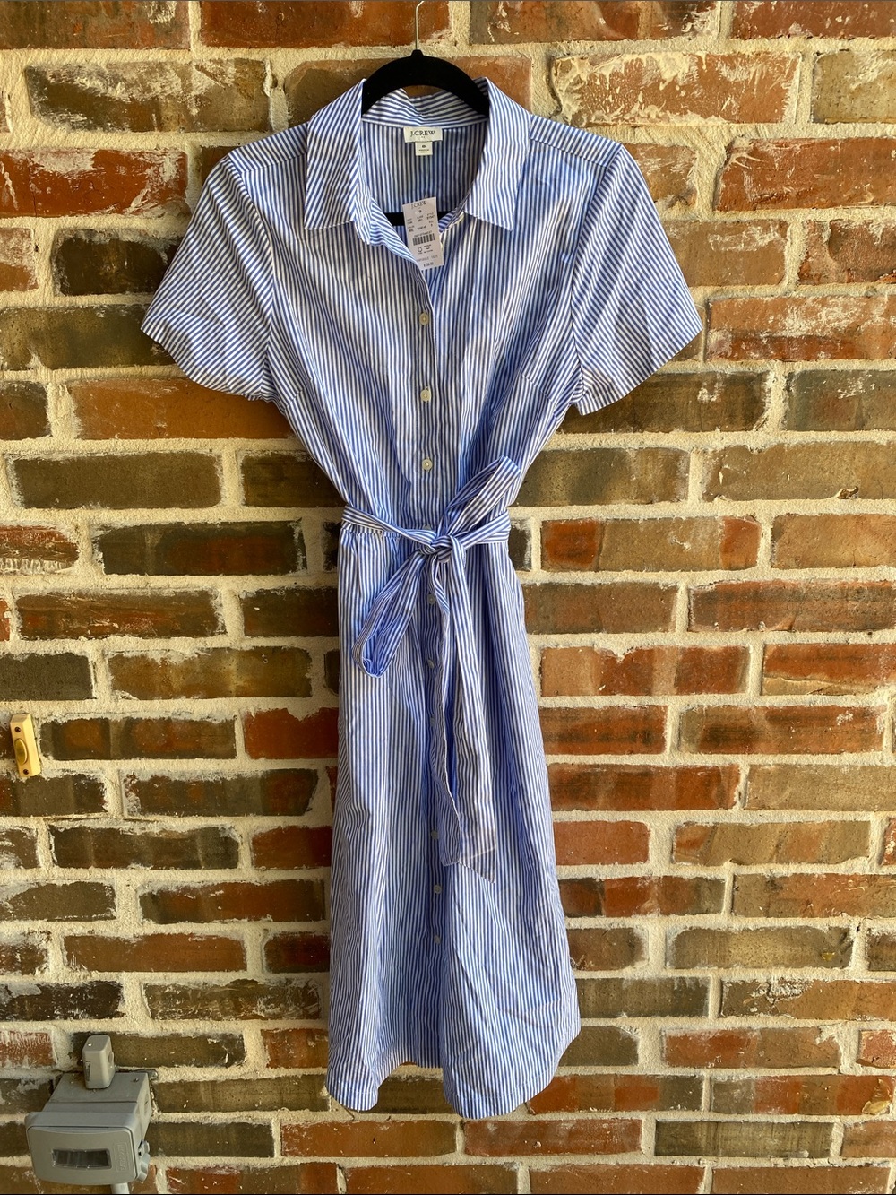J. Crew Blue and White Striped Midi Shirt Dress w/pockets & self belt